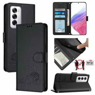 For OPPO Reno12 Global Cat Rat Embossed Pattern RFID Leather Phone Case with Lanyard(Black)