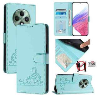 For OPPO Reno12 F Global Cat Rat Embossed Pattern RFID Leather Phone Case with Lanyard(Mint Green)