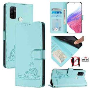 For OPPO A32 2020 4G / A53 2020 4G Cat Rat Embossed Pattern RFID Leather Phone Case with Lanyard(Mint Green)