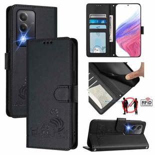 For OPPO A80 5G EU Cat Rat Embossed Pattern RFID Leather Phone Case with Lanyard(Black)