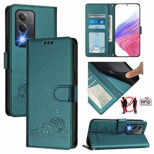 For OPPO A80 5G EU Cat Rat Embossed Pattern RFID Leather Phone Case with Lanyard(Peacock Green)