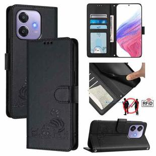 For OPPO A3x 5G Global Cat Rat Embossed Pattern RFID Leather Phone Case with Lanyard(Black)