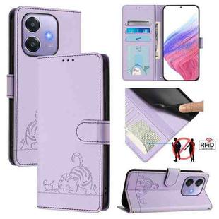 For OPPO A3x 5G Global Cat Rat Embossed Pattern RFID Leather Phone Case with Lanyard(Purple)