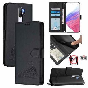 For OPPO A9 2020 4G Cat Rat Embossed Pattern RFID Leather Phone Case with Lanyard(Black)