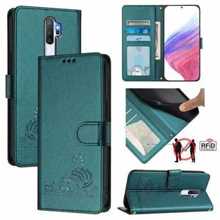 For OPPO A9 2020 4G Cat Rat Embossed Pattern RFID Leather Phone Case with Lanyard(Peacock Green)