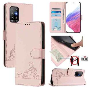 For OPPO A94 5G Global Cat Rat Embossed Pattern RFID Leather Phone Case with Lanyard(Pink)