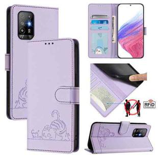 For OPPO A94 5G Global Cat Rat Embossed Pattern RFID Leather Phone Case with Lanyard(Purple)