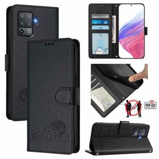 For OPPO F19 Pro / Reno5 F Cat Rat Embossed Pattern RFID Leather Phone Case with Lanyard(Black)