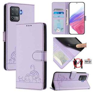 For OPPO F19 Pro / Reno5 F Cat Rat Embossed Pattern RFID Leather Phone Case with Lanyard(Purple)