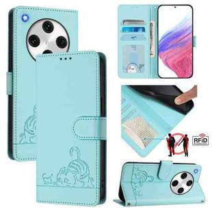 For OPPO Find X8 Pro Cat Rat Embossed Pattern RFID Leather Phone Case with Lanyard(Mint Green)