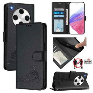 For OPPO Find X8 Pro Cat Rat Embossed Pattern RFID Leather Phone Case with Lanyard(Black)