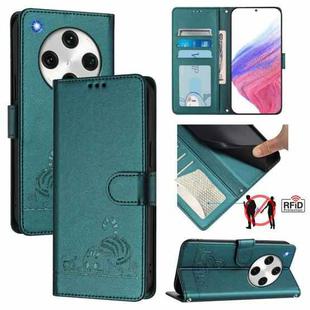For OPPO Find X8 Pro Cat Rat Embossed Pattern RFID Leather Phone Case with Lanyard(Peacock Green)