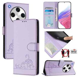 For OPPO Find X8 Pro Cat Rat Embossed Pattern RFID Leather Phone Case with Lanyard(Purple)