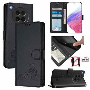 For OPPO Find X8s Cat Rat Embossed Pattern RFID Leather Phone Case with Lanyard(Black)