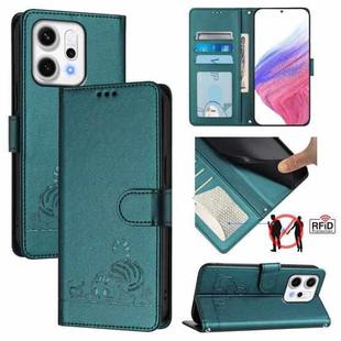 For OPPO Reno14 Pro 5G Global Cat Rat Embossed Pattern RFID Leather Phone Case with Lanyard(Peacock Green)