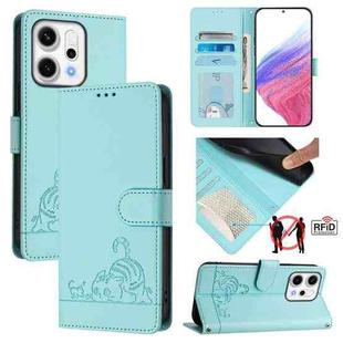 For OPPO Reno14 5G Global Cat Rat Embossed Pattern RFID Leather Phone Case with Lanyard(Mint Green)