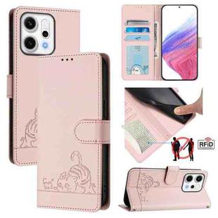 For OPPO Reno14 5G Global Cat Rat Embossed Pattern RFID Leather Phone Case with Lanyard(Pink)