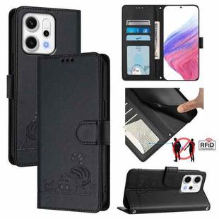 For OPPO Reno14 5G Global Cat Rat Embossed Pattern RFID Leather Phone Case with Lanyard(Black)