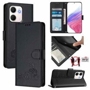 For OPPO A5x 4G Global / 5G Global Cat Rat Embossed Pattern RFID Leather Phone Case with Lanyard(Black)