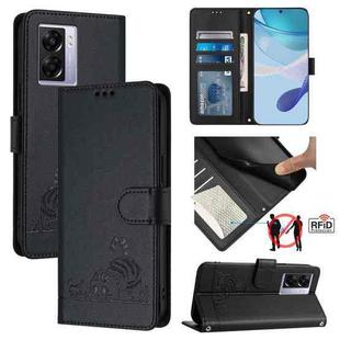 For Realme Q5i Cat Rat Embossed Pattern RFID Leather Phone Case with Lanyard(Black)