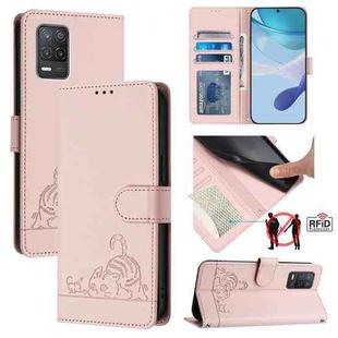 For Realme 8 5G / 9 5G India Cat Rat Embossed Pattern RFID Leather Phone Case with Lanyard(Pink)