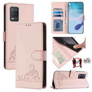 For Realme Q3i 5G Cat Rat Embossed Pattern RFID Leather Phone Case with Lanyard(Pink)
