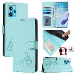 For Realme 9 Pro+ 5G Cat Rat Embossed Pattern RFID Leather Phone Case with Lanyard(Mint Green)
