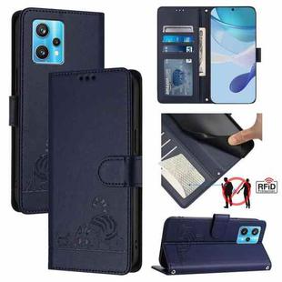 For Realme 9 Pro+ 5G Cat Rat Embossed Pattern RFID Leather Phone Case with Lanyard(Blue)