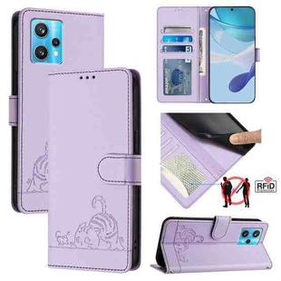 For Realme 9 Pro+ 5G Cat Rat Embossed Pattern RFID Leather Phone Case with Lanyard(Purple)