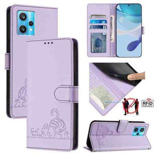 For Realme 9 4G Global Cat Rat Embossed Pattern RFID Leather Phone Case with Lanyard(Purple)