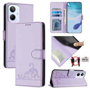For Realme 10 4G Global Cat Rat Embossed Pattern RFID Leather Phone Case with Lanyard(Purple)