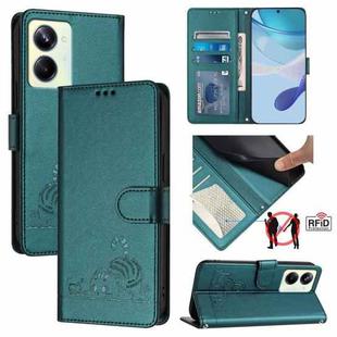 For Realme 10 Pro 5G Cat Rat Embossed Pattern RFID Leather Phone Case with Lanyard(Peacock Green)