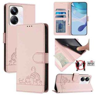 For Realme 10 Pro+ 5G Cat Rat Embossed Pattern RFID Leather Phone Case with Lanyard(Pink)