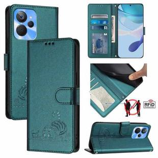 For Realme 10T 5G / 10S 5G Cat Rat Embossed Pattern RFID Leather Phone Case with Lanyard(Peacock Green)