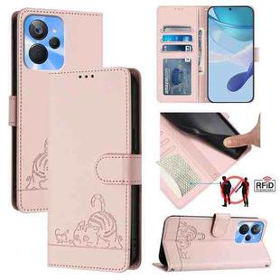 For Realme 9i 5G India Cat Rat Embossed Pattern RFID Leather Phone Case with Lanyard(Pink)