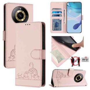 For Realme 11 4G Global Cat Rat Embossed Pattern RFID Leather Phone Case with Lanyard(Pink)