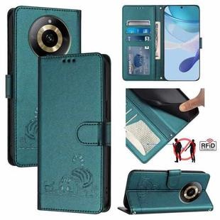 For Realme 11 4G Global Cat Rat Embossed Pattern RFID Leather Phone Case with Lanyard(Peacock Green)