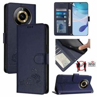 For Realme 11 4G Global Cat Rat Embossed Pattern RFID Leather Phone Case with Lanyard(Blue)