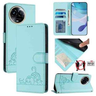 For Realme 11 5G Global / 11X 5G Cat Rat Embossed Pattern RFID Leather Phone Case with Lanyard(Mint Green)