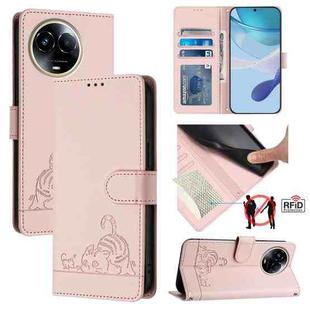 For Realme Narzo 60x 5G Global Cat Rat Embossed Pattern RFID Leather Phone Case with Lanyard(Pink)