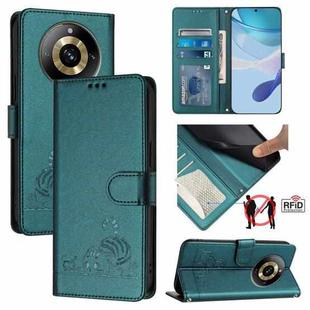 For Realme Narzo 60 Pro Global Cat Rat Embossed Pattern RFID Leather Phone Case with Lanyard(Peacock Green)
