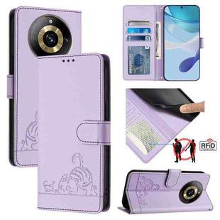 For Realme Narzo 60 Pro Global Cat Rat Embossed Pattern RFID Leather Phone Case with Lanyard(Purple)