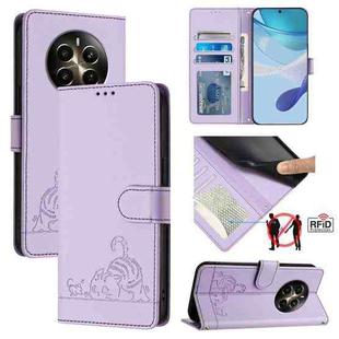 For Realme Narzo 70 Pro 5G India Cat Rat Embossed Pattern RFID Leather Phone Case with Lanyard(Purple)