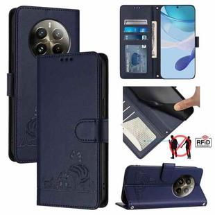 For Realme 12 Pro+ 5G Global Cat Rat Embossed Pattern RFID Leather Phone Case with Lanyard(Blue)