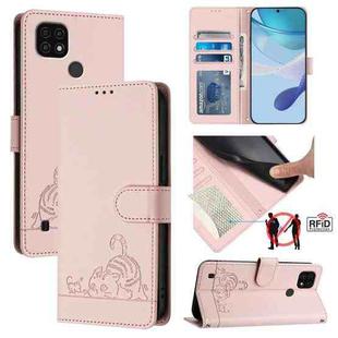 For Realme C20 / C11 2021 / C21 Cat Rat Embossed Pattern RFID Leather Phone Case with Lanyard(Pink)