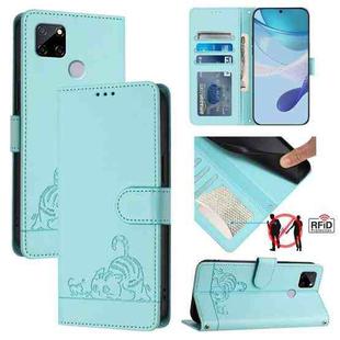 For Realme C25 / C15 / C12 Cat Rat Embossed Pattern RFID Leather Phone Case with Lanyard(Mint Green)