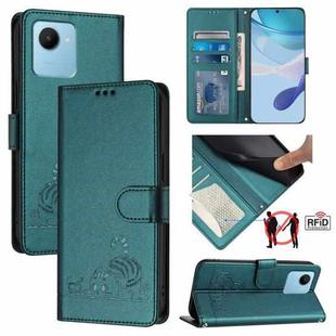 For Realme C30 4G / Narzo 50i Prime Cat Rat Embossed Pattern RFID Leather Phone Case with Lanyard(Peacock Green)