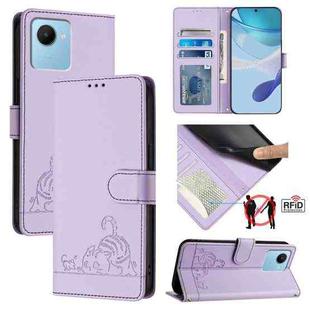 For Realme C30S Cat Rat Embossed Pattern RFID Leather Phone Case with Lanyard(Purple)