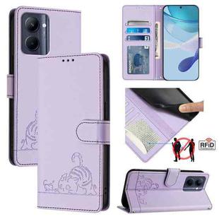 For Realme C33 2022 Global Cat Rat Embossed Pattern RFID Leather Phone Case with Lanyard(Purple)