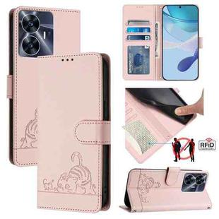 For Realme C55 4G Global Cat Rat Embossed Pattern RFID Leather Phone Case with Lanyard(Pink)